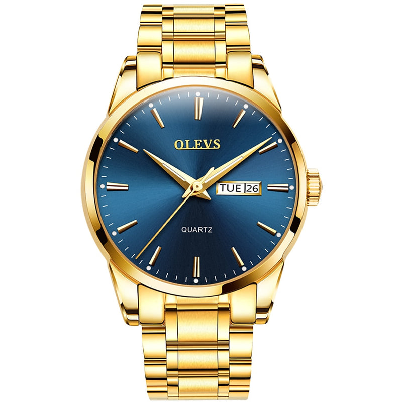 Relógio Masculino Dourado Olevs Automático Casual Original Dourado com Azul OLEVS