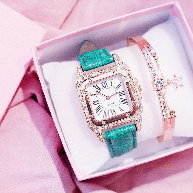 Relógio Feminino Quartz Luxury Diamond Verde Com Pulseira de Brinde Young Market