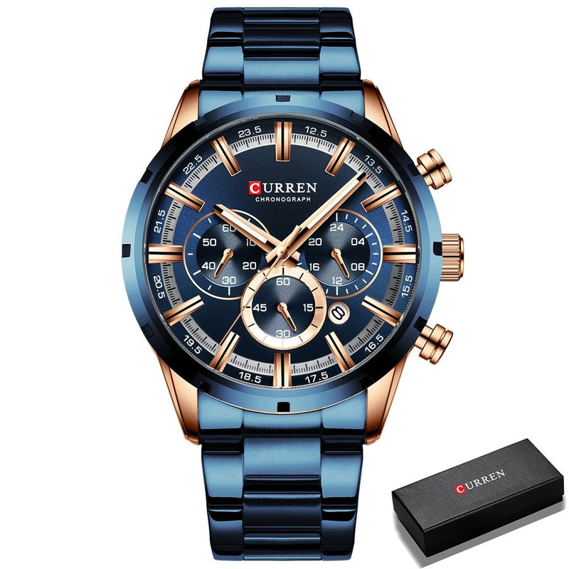 Relógio Curren Masculino Chronograph 8355 Luxo Original Azul com Dourado Curren