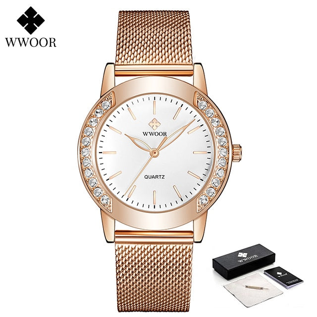 Relógio Feminino Delicado Diamante Original Rosê com Branco WWOOR