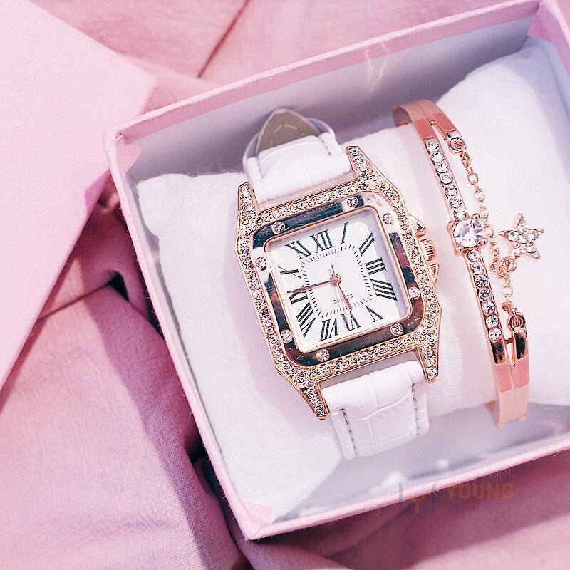 Relógio Feminino Quartz Luxury Diamond Branco Com Pulseira de Brinde Young Market