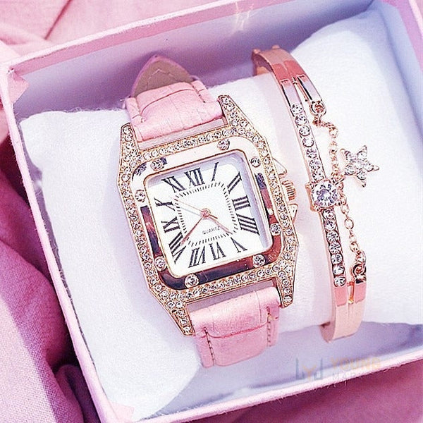 Relógio Feminino Quartz Luxury Diamond Rosa Com Pulseira de Brinde Young Market