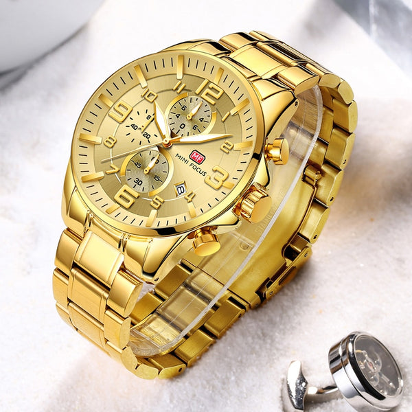 Relógio Masculino Dourado Premium Gold Luxo Original Mini Focus