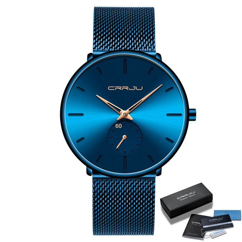 Relógio Masculino Casual Minimalista Original Azul com Dourado Crrju