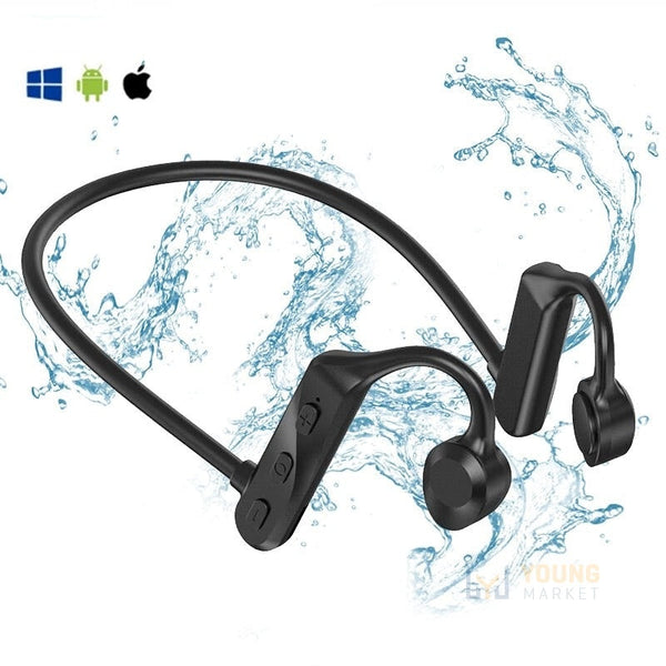 Fone de Ouvido Condução Óssea Bluetooth 5.1 à Prova d'Água Preto Young Market