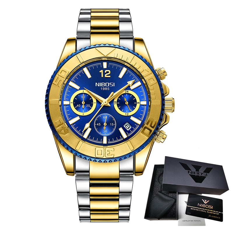 Relógio Nibosi Luxo Premium Original Dourado com Azul Nibosi