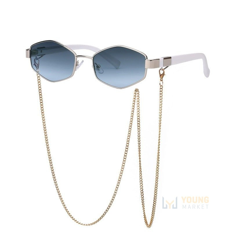 Óculos de Sol Feminino com Corrente e Case Azul com branco Young Market