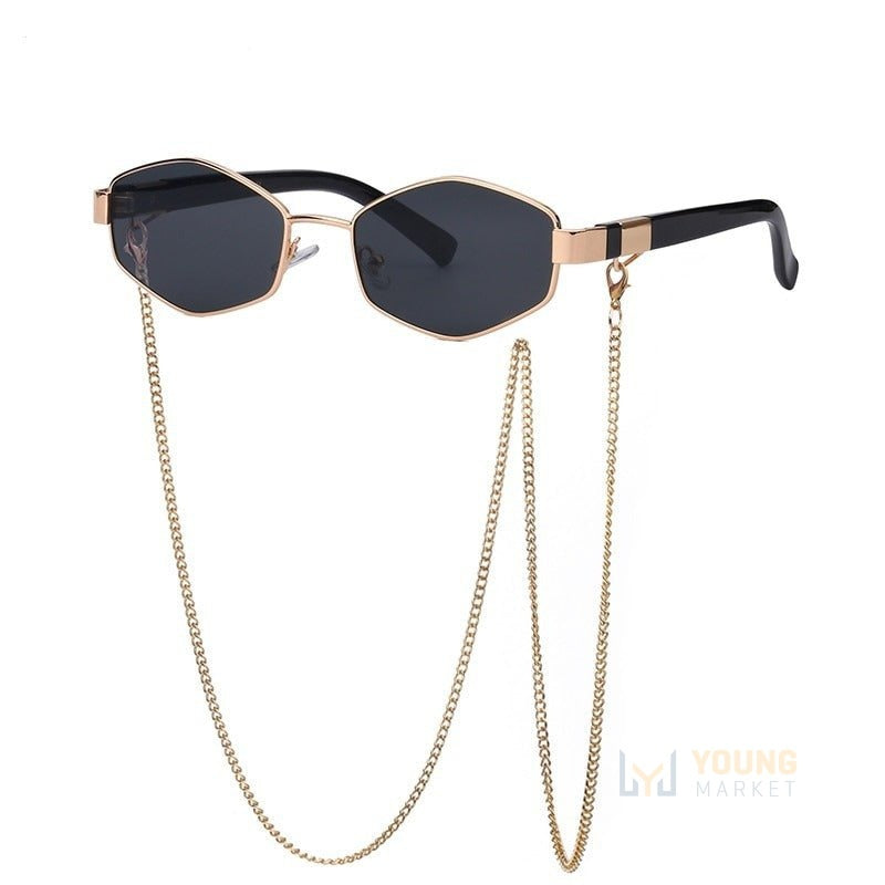 Óculos de Sol Feminino com Corrente e Case Preto com dourado Young Market