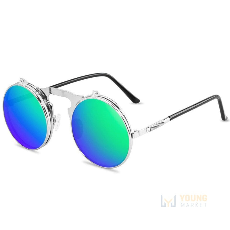 Óculos de Sol Redondo Polarizado com Duas Lentes Prata com lentes verdes Young Market