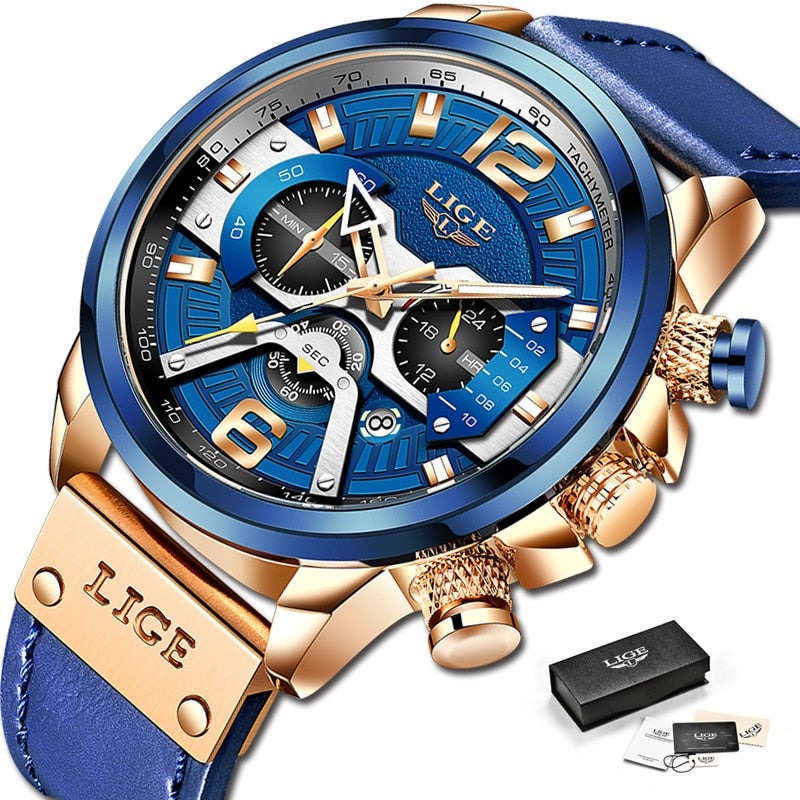 Relógio Masculino Lige Sports Casual Original Rose gold blue Young Market