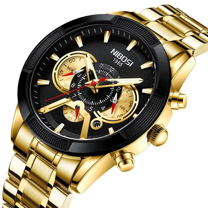 Relógio Masculino Nibosi Luxo Premium Original Preto com Dourado NIBOSI