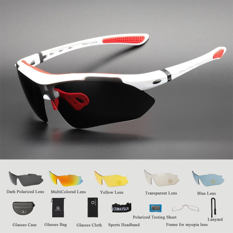 Óculos de Ciclismo Polarizado Fotocromático TR 90 Com 5 Lentes Original Branco com Vermelho Young Market