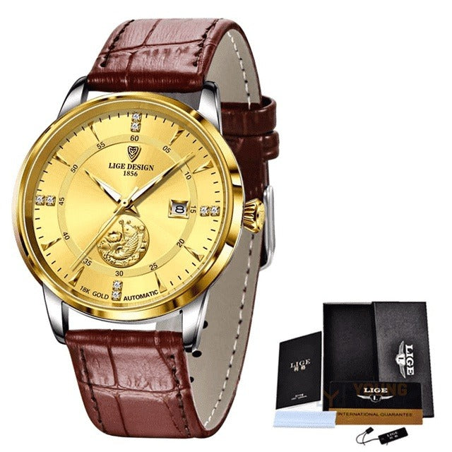 Relógio LIGE Masculino Golden Carp Original Marrom Dourado LIGE