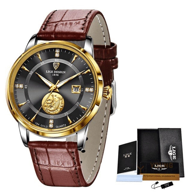 Relógio LIGE Masculino Golden Carp Original Dourado Preto LIGE