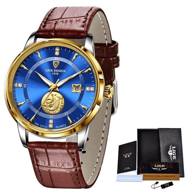 Relógio LIGE Masculino Golden Carp Original Dourado Azul LIGE