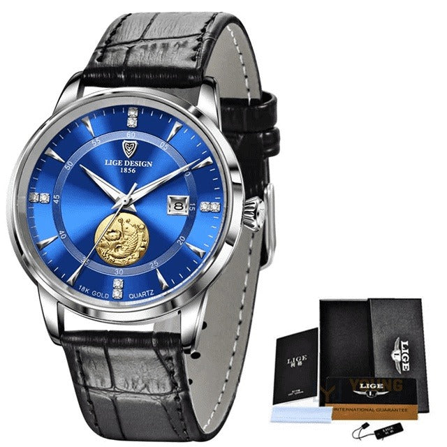 Relógio LIGE Masculino Golden Carp Original Prata Azul LIGE