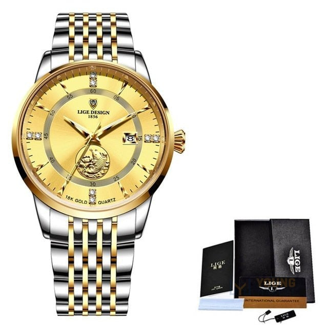Relógio LIGE Masculino Original Golden Carp Prata / Dourado LIGE