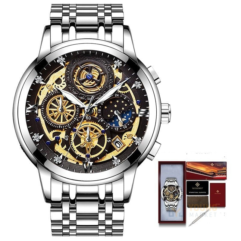 Relógio Wishdoit Masculino 133-B Luxo Quartzo Prata com preto Wishdoit