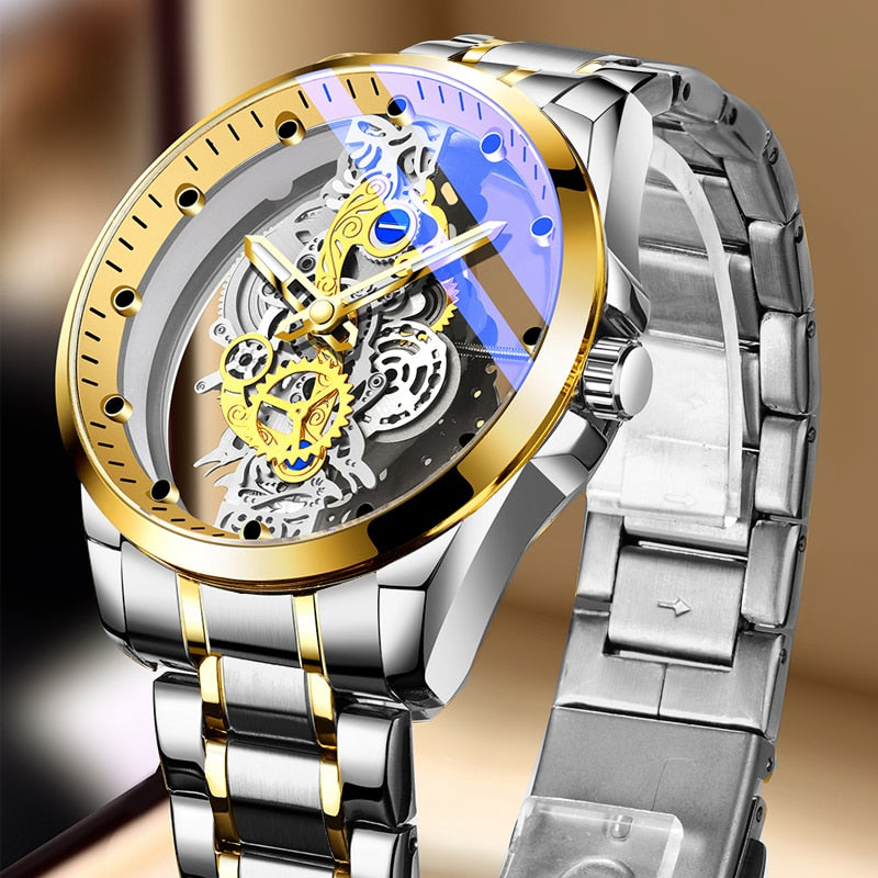 Relógio Mecânico Quartzo Luxo Original Prata com Dourado Poedagar
