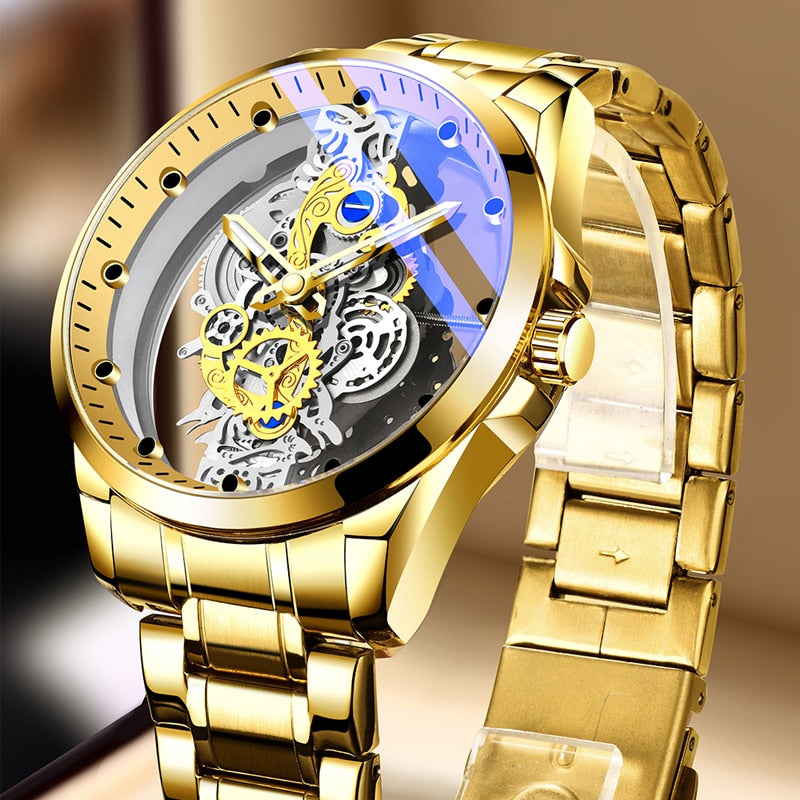 Relógio Mecânico Quartzo Luxo Original Dourado Poedagar