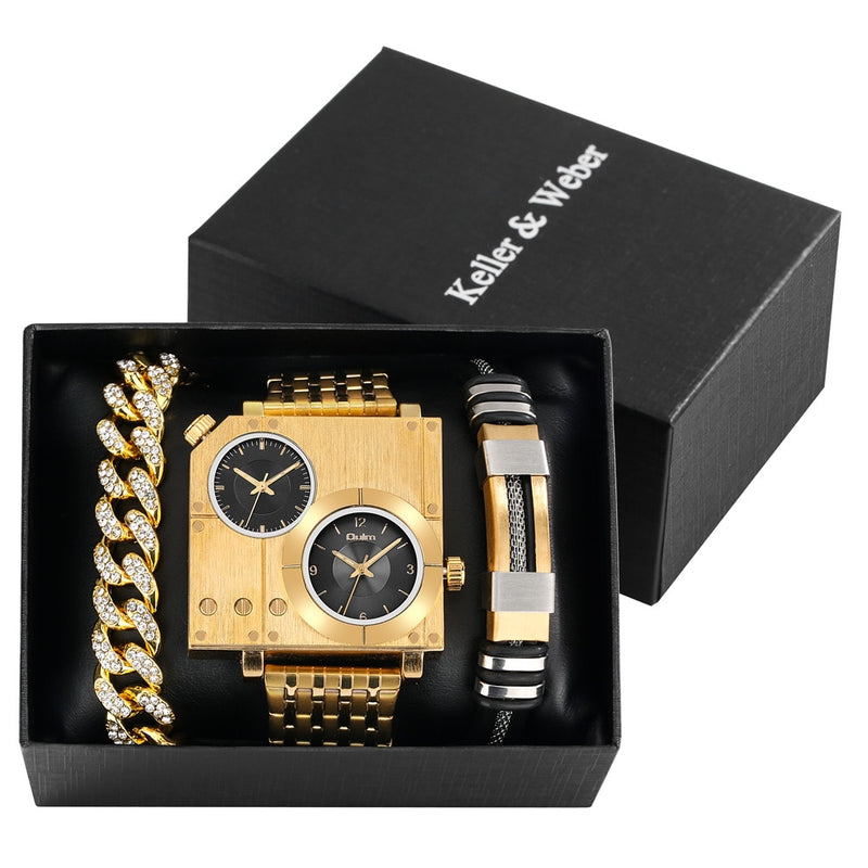 Relógio Quadrado Masculino Oulm Edição Limitada Kit com Duas Pulseiras Dourado com Preto Oulm