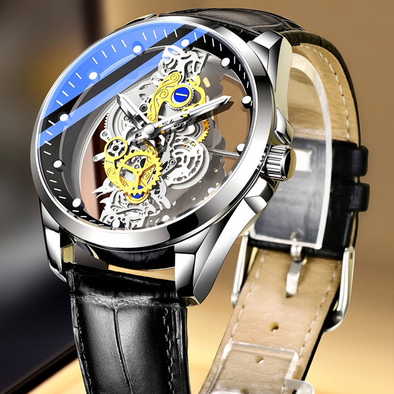 Relógio Mecânico Quartzo Luxo Original Prata com Pulseira de Couro Poedagar