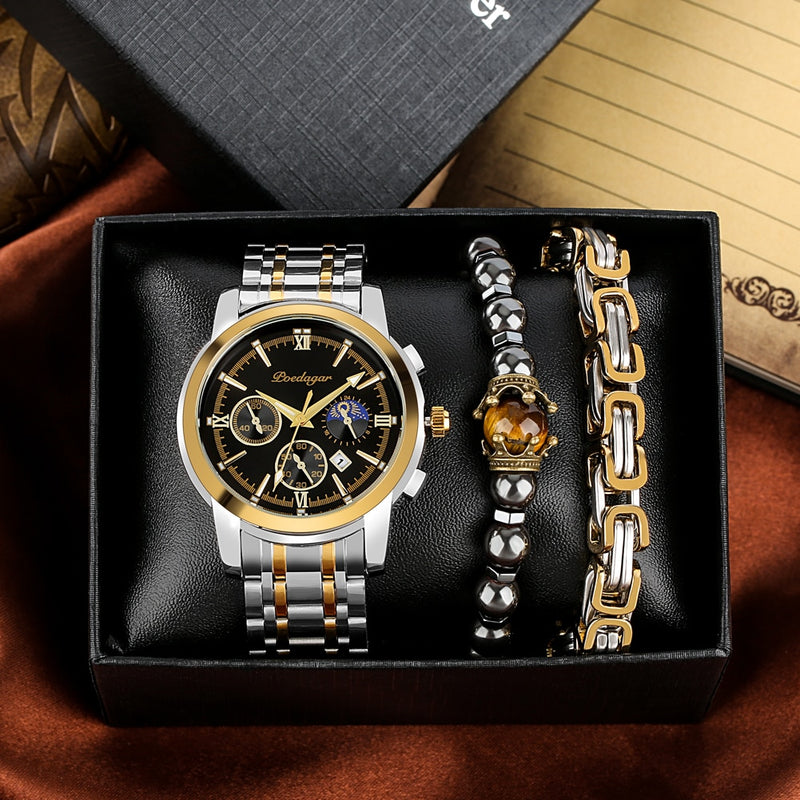 Relógio Masculino Poedagar Autêntico Kit com Duas Pulseiras Dourado com Prata Poedagar