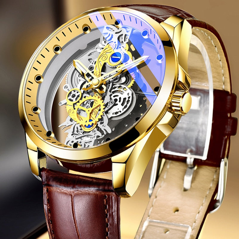 Relógio Mecânico Quartzo Luxo Original Dourado com Pulseira de Couro Poedagar