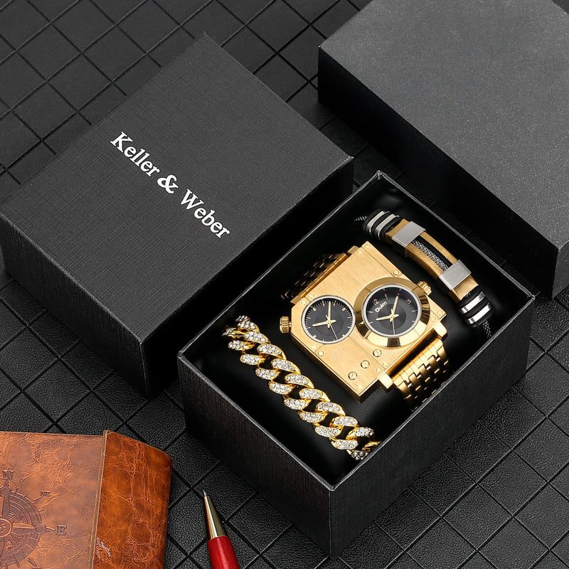 Relógio Quadrado Masculino Oulm Edição Limitada Kit com Duas Pulseiras Oulm