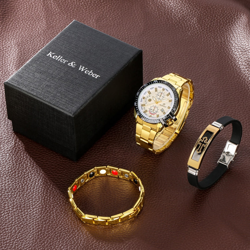 Relógio Masculino Romand Gold Original Kit com Duas Pulseiras ROMAND