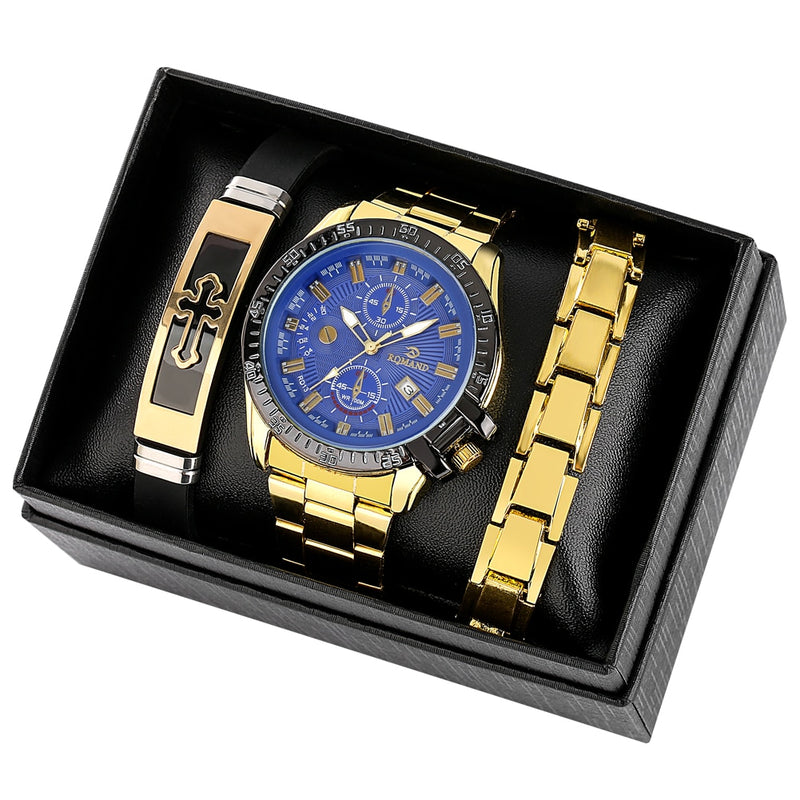 Relógio Masculino Romand Gold Original Kit com Duas Pulseiras Dourado com Azul ROMAND